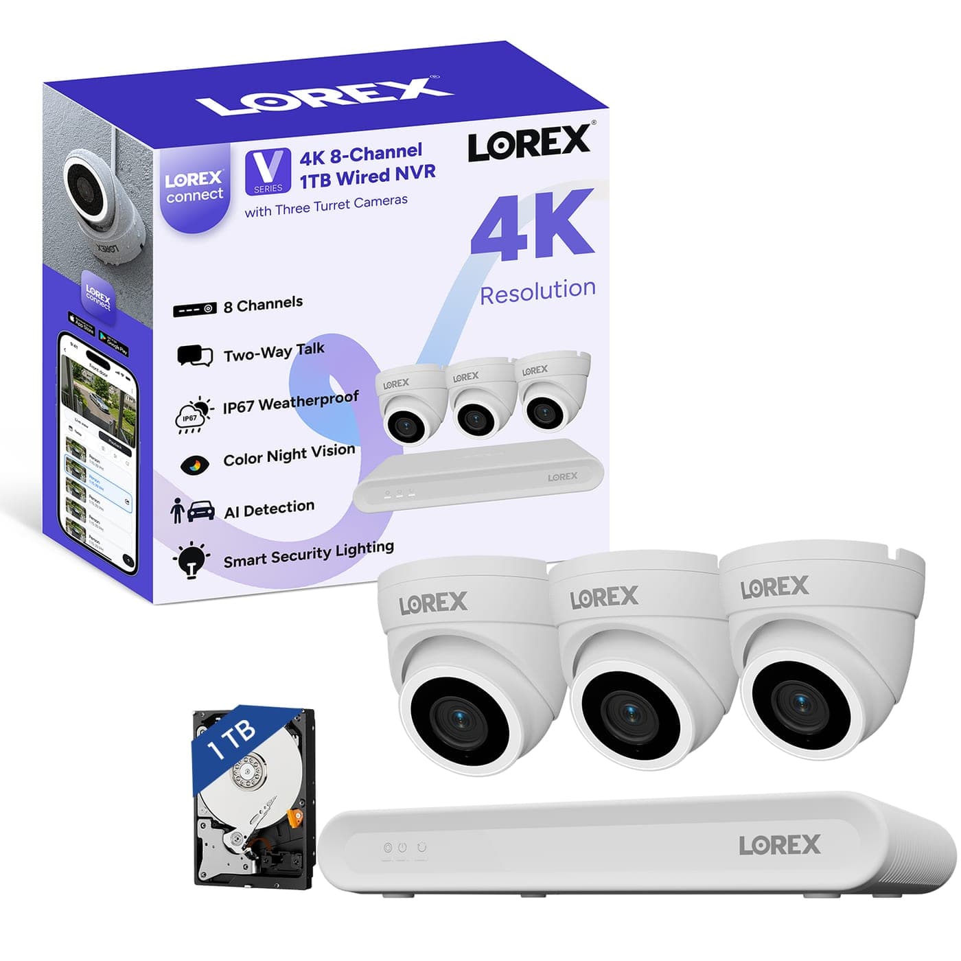 Lorex Connect V-Series 8-Channel 4K NVR with 3 IP PoE Cameras